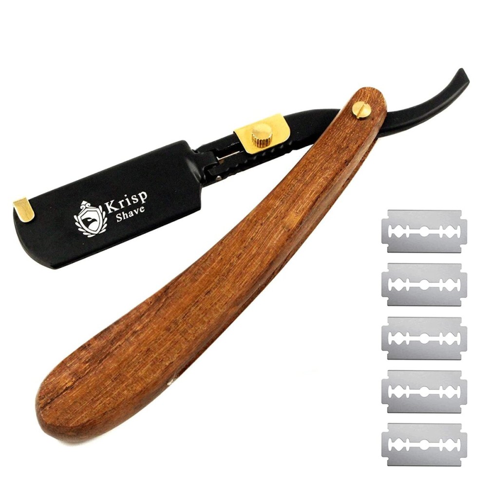 Professional Classic Straight Edge Barber Razor For Close Shaving - Salon Quality Men\'s Beard Cut Throat Shavette Manual Razor (Wooden Handle) With 5 Shaving Blades By Krisp Shave Professional Classic Straight Edge Barber Razor For Close Shaving - Salon Quality Men\'s Beard Cut Throat Shavette Manual Razor (Wooden Handle) With 5 Shaving Blades By Krisp Shave