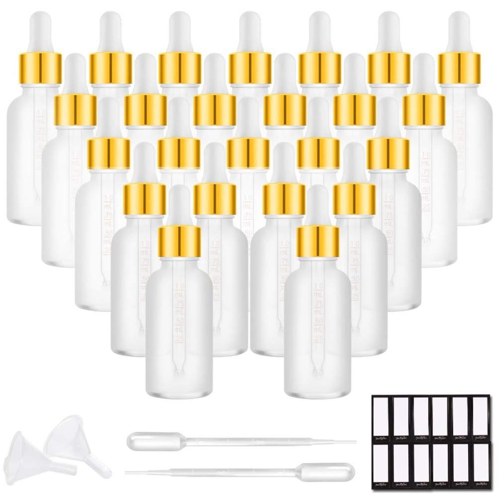 PrettyCare Eye Dropper Bottle 1 oz (24 Pack Frost Glass Bottles 30ml with White and Gold Caps, 48 Labels, Funnel & Measured Pipettes) Empty Tincture Bottles for Essential Oils, Perfume