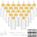 PrettyCare Eye Dropper Bottle 1 oz (24 Pack Frost Glass Bottles 30ml with White and Gold Caps, 48 Labels, Funnel & Measured Pipettes) Empty Tincture Bottles for Essential Oils, Perfume