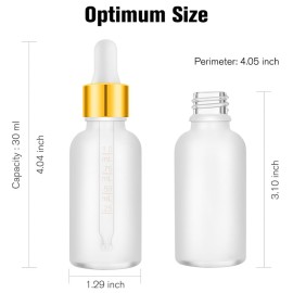 PrettyCare Eye Dropper Bottle 1 oz (24 Pack Frost Glass Bottles 30ml with White and Gold Caps, 48 Labels, Funnel & Measured Pipettes) Empty Tincture Bottles for Essential Oils, Perfume
