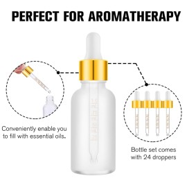 PrettyCare Eye Dropper Bottle 1 oz (24 Pack Frost Glass Bottles 30ml with White and Gold Caps, 48 Labels, Funnel & Measured Pipettes) Empty Tincture Bottles for Essential Oils, Perfume