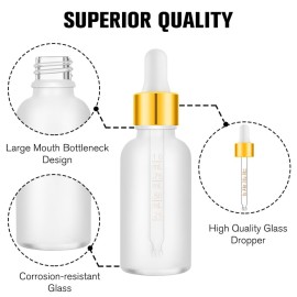 PrettyCare Eye Dropper Bottle 1 oz (24 Pack Frost Glass Bottles 30ml with White and Gold Caps, 48 Labels, Funnel & Measured Pipettes) Empty Tincture Bottles for Essential Oils, Perfume