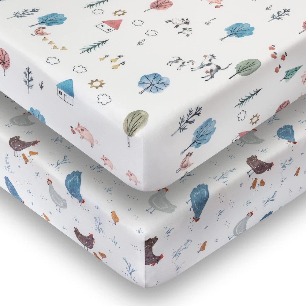 Crib Sheets Neutral - Fitted Baby Crib Sheets Bed for Girl Boy - 2 Pack Standard & Toddler Mattress (Farm Animals) - Buttery Soft Organic Cotton Blend
