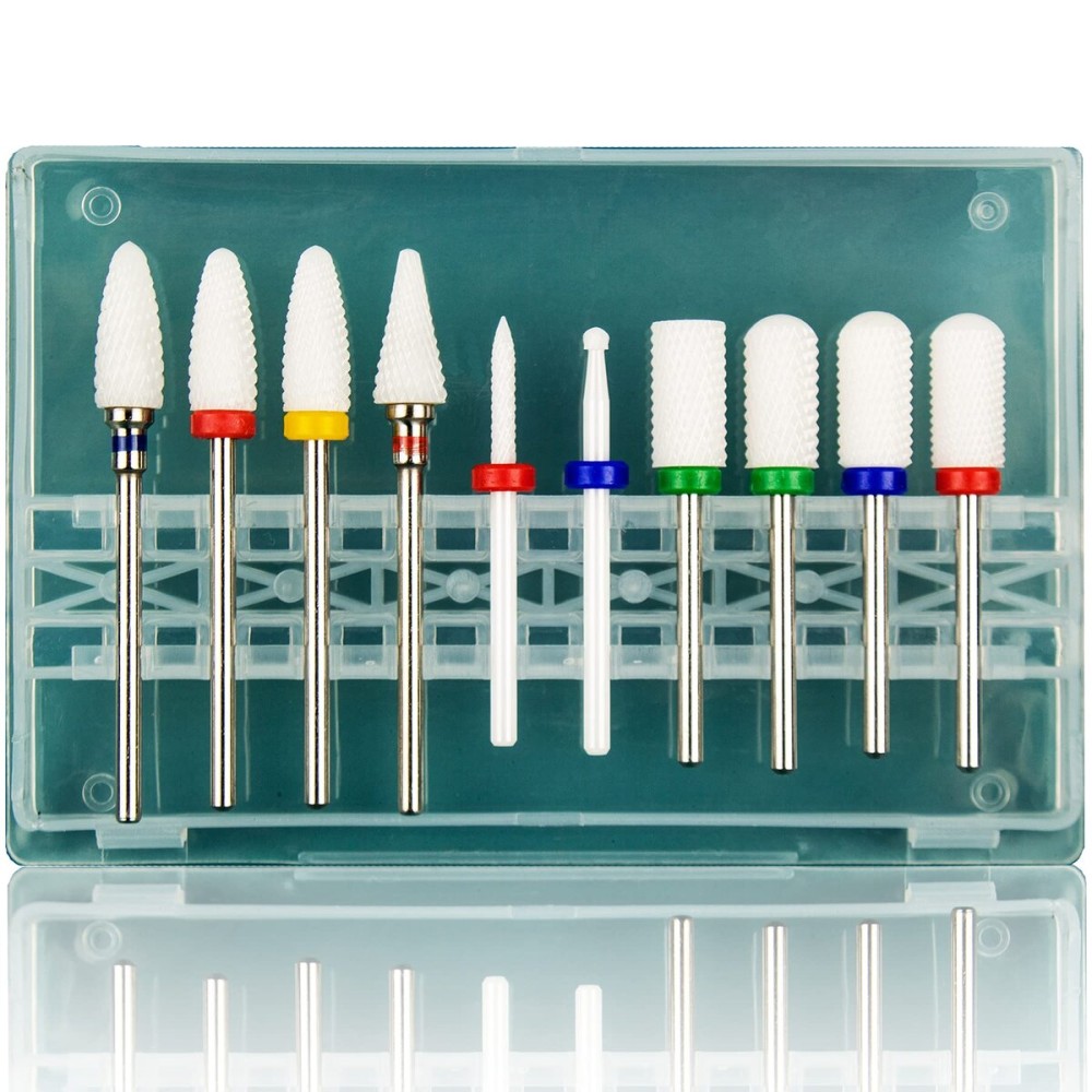 Feecy Nail Drill Bits Set Ceramic for Acrylic Nails Gel Polish Professional, 3/32 Inch Efile Nail Drill Bits Kit for Cuticle Safety Barrel Nail Art Tools with Holder, 10pcs (S10-C)