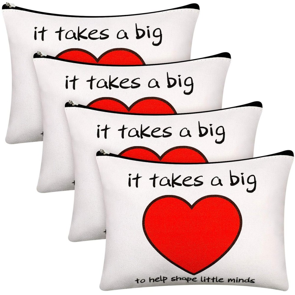 Weewooday 4 Pieces Teacher Gifts Makeup Bags Teacher Appreciation Gifts for Women Thank You Cosmetic Bag Graduation Birthday Christmas Cosmetic Bag Heart Pattern Cotton Pouch Case