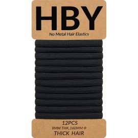 HBY Women\'s Hair Ties for Thick or Curly Hair. No Slip Seamless Ponytail Holders Sports Thick Hair Ties, Black, 8MM, 12 Pcs