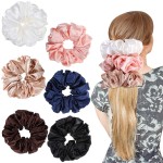 Chuangdi 6 Pieces Big Satin Scrunchies for Women, Jumbo Silk Scrunchies Thick Elastic Jumbo Hair Tie(Champagne, White, Light Pink, Coffee, Black, Navy Blue)