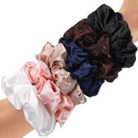 Chuangdi 6 Pieces Big Satin Scrunchies for Women, Jumbo Silk Scrunchies Thick Elastic Jumbo Hair Tie(Champagne, White, Light Pink, Coffee, Black, Navy Blue)