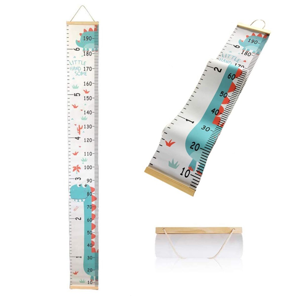 SUJAYU Growth Chart for Kids, Canvas Height Chart Ruler Removable Wood Hanging Wall Ruler Measurement Chart for Home Decoration (Dinosaur)