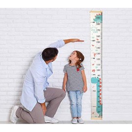 SUJAYU Growth Chart for Kids, Canvas Height Chart Ruler Removable Wood Hanging Wall Ruler Measurement Chart for Home Decoration (Dinosaur)