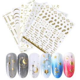 Star Moon Nail Art Stickers Decals Nail Art Decorations 3D Self-Adhesive Gold Nail Design Star Moon Feather Geometric Chain Letter Series Nail Sticker for Women Girls Constellation Decals 5 Sheets