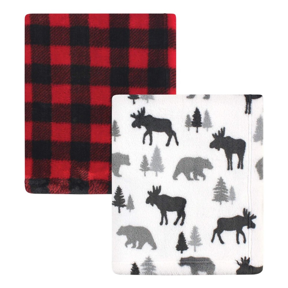 Hudson Baby Unisex Baby Cozy Plush Luxury Blankets 2pk, Moose Buffalo Plaid, One Size