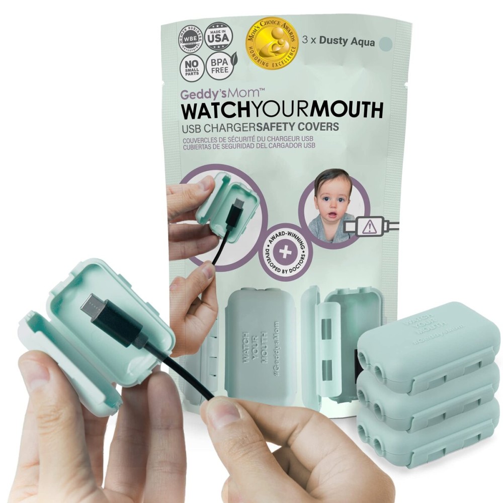 Geddys Mom Watch Your Mouth - The Award Winning Child Safety USDB Port Plug Cover| BPA & Phthalate-Free Charger Protector | Electrical Safety Baby Products (3-Pack, Dusty Aqua)