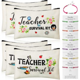 Weewooday 12 Pcs Teacher Appreciation Present Set 6 Teacher Survival Kit Bag Makeup Pouch Pencil Bag, 6 Blessing Card Bracelet Kit(9 x 5.9 Inch,Cute Style)