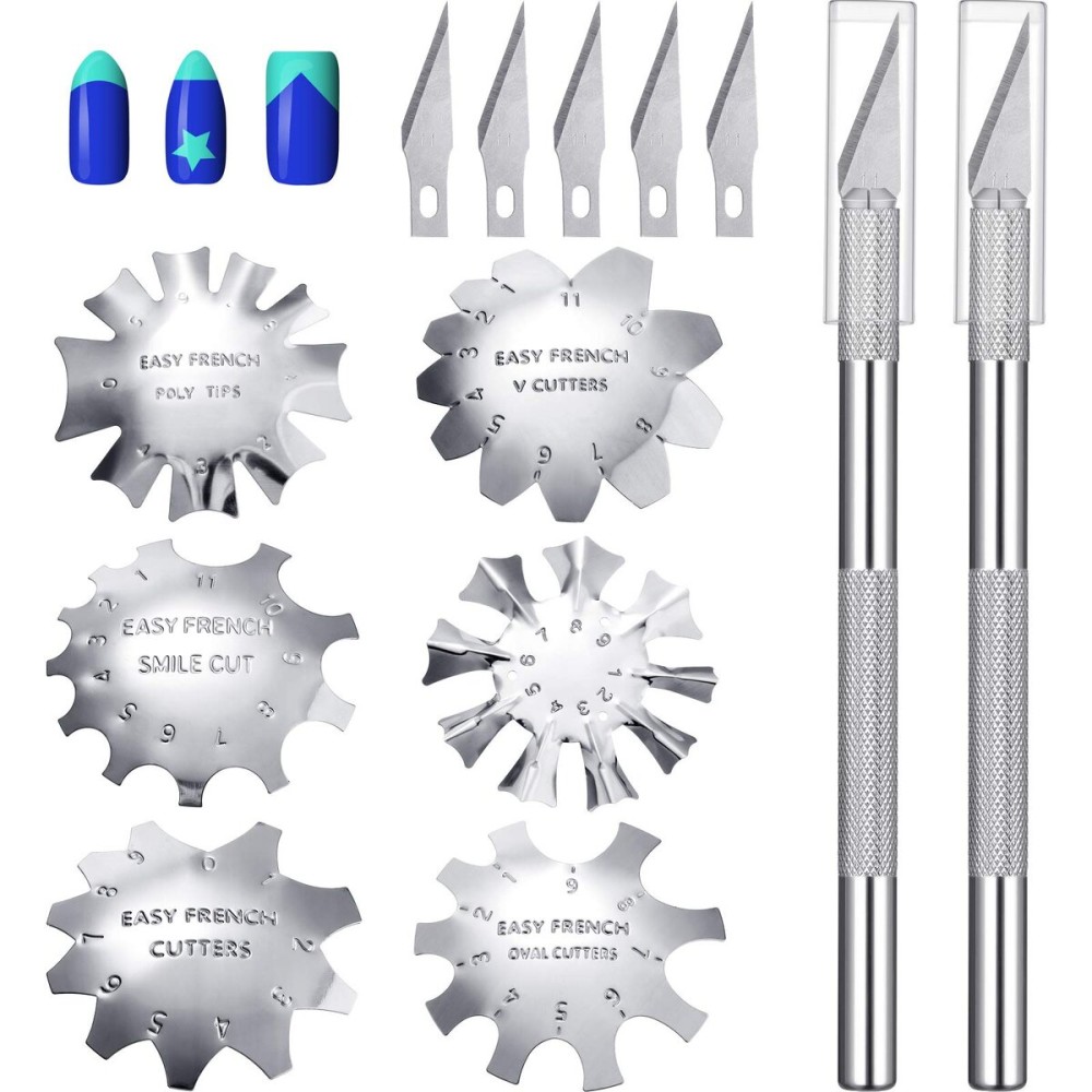 13 Pcs Acrylic Nail French Tip Tool, 6 French Tip Cutter Stainless Steel Smile Line Cutter Manicure Edge Trimmer DIY Plate Module with 2 Nail Cutting Knife and 5 Spare Blade(Silver)