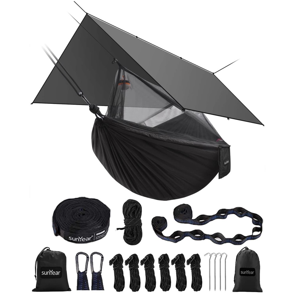 Sunyear Hammock Camping with Rain Fly Tarp and Net, Portable Camping Hammock Double Tree Hammock Outdoor Indoor Backpacking Travel & Survival, 2 Tree Straps,100% Waterproof Black Bundle