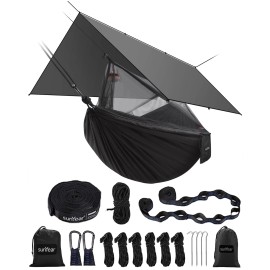 Sunyear Hammock Camping with Rain Fly Tarp and Net, Portable Camping Hammock Double Tree Hammock Outdoor Indoor Backpacking Travel & Survival, 2 Tree Straps,100% Waterproof Black Bundle