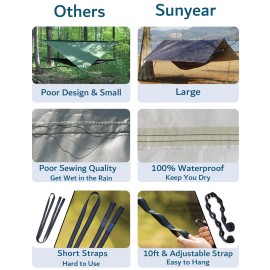 Sunyear Hammock Camping with Rain Fly Tarp and Net, Portable Camping Hammock Double Tree Hammock Outdoor Indoor Backpacking Travel & Survival, 2 Tree Straps,100% Waterproof Black Bundle