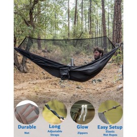 Sunyear Hammock Camping with Rain Fly Tarp and Net, Portable Camping Hammock Double Tree Hammock Outdoor Indoor Backpacking Travel & Survival, 2 Tree Straps,100% Waterproof Black Bundle