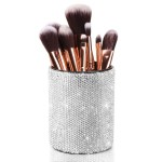 OTOSTAR Bling Crystal Makeup Brush Holder Organizer Storage Cosmetic Tools Eyebrow Pencil Eyeliners, Multifunctional Handcrafted Rhinestones Pen Holder for Home Office (Silver)