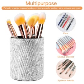 OTOSTAR Bling Crystal Makeup Brush Holder Organizer Storage Cosmetic Tools Eyebrow Pencil Eyeliners, Multifunctional Handcrafted Rhinestones Pen Holder for Home Office (Silver)