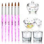 Acrylic Nail Brush and Dappen Dish Set - 6PCS Art Pen and 4PCS Crystal Dish for Manicure - Bowl Cup Glass Container for Liquid Tool Kit