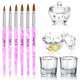 Acrylic Nail Brush and Dappen Dish Set - 6PCS Art Pen and 4PCS Crystal Dish for Manicure - Bowl Cup Glass Container for Liquid Tool Kit