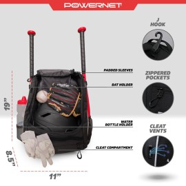 PowerNet Starter Backpack, Softball & Baseball Bag, Organized Pockets for Baseball Accessories, Helmet, Gloves, Catchers Gear & Bat Sleeves, Youth Travel Sports Backpack (1-Pack)