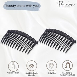 Parcelona French Twisted Edge Black 3 Celluloid Set of 2 Flexible 13 teeth Side Hair Combs for Women and Girls