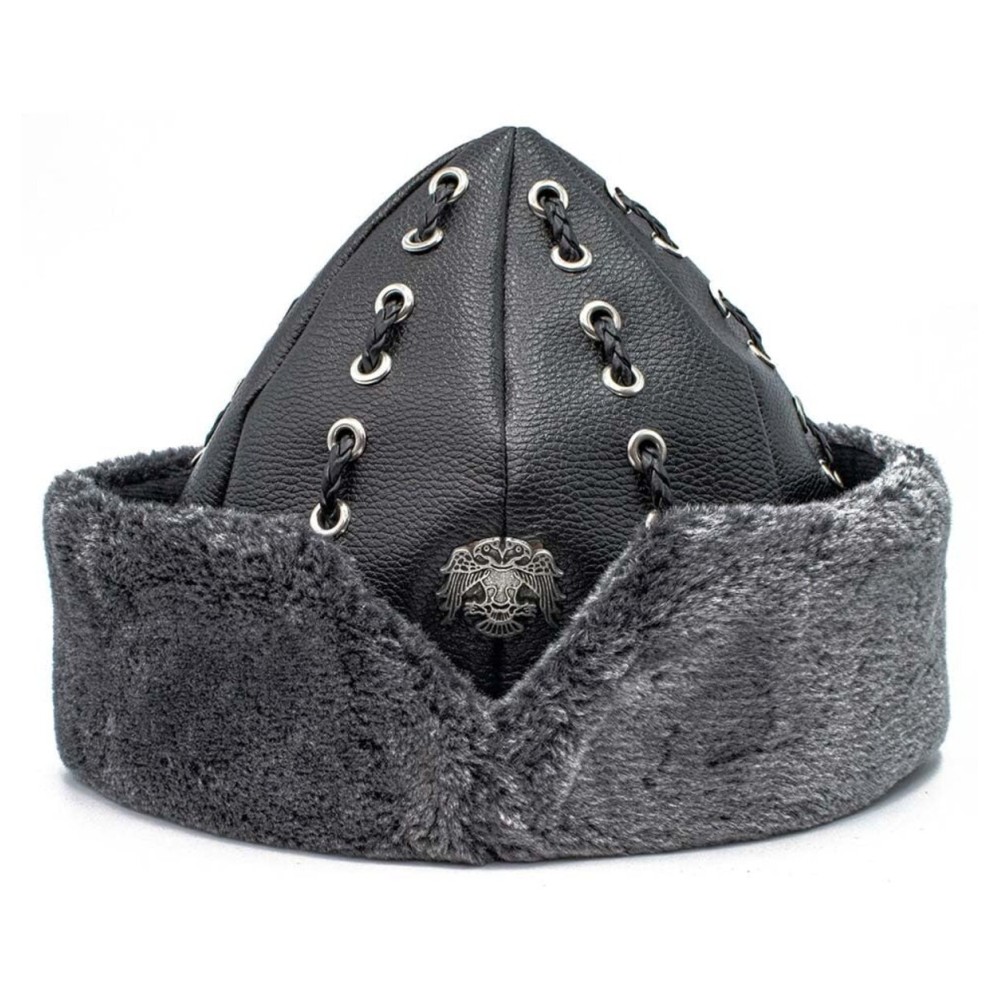 Turkish Ottoman Bork Hat Ertugrul Dirilis Fur Leather Winter Cap 2027 (2017s Selcuk Eagle) Black
