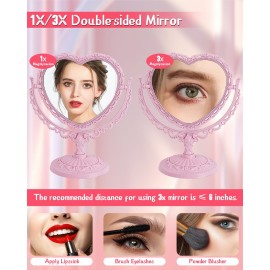 D&XQAUO Pink Heart Shaped Mirror - Coquette Room Decor for Desk, Vanity & Bathroom - Cute Table Mirror with Stand D&XQAUO Pink Heart Shaped Mirror - Coquette Room Decor for Desk, Vanity & Bathroom - Cute Table Mirror with Stand
