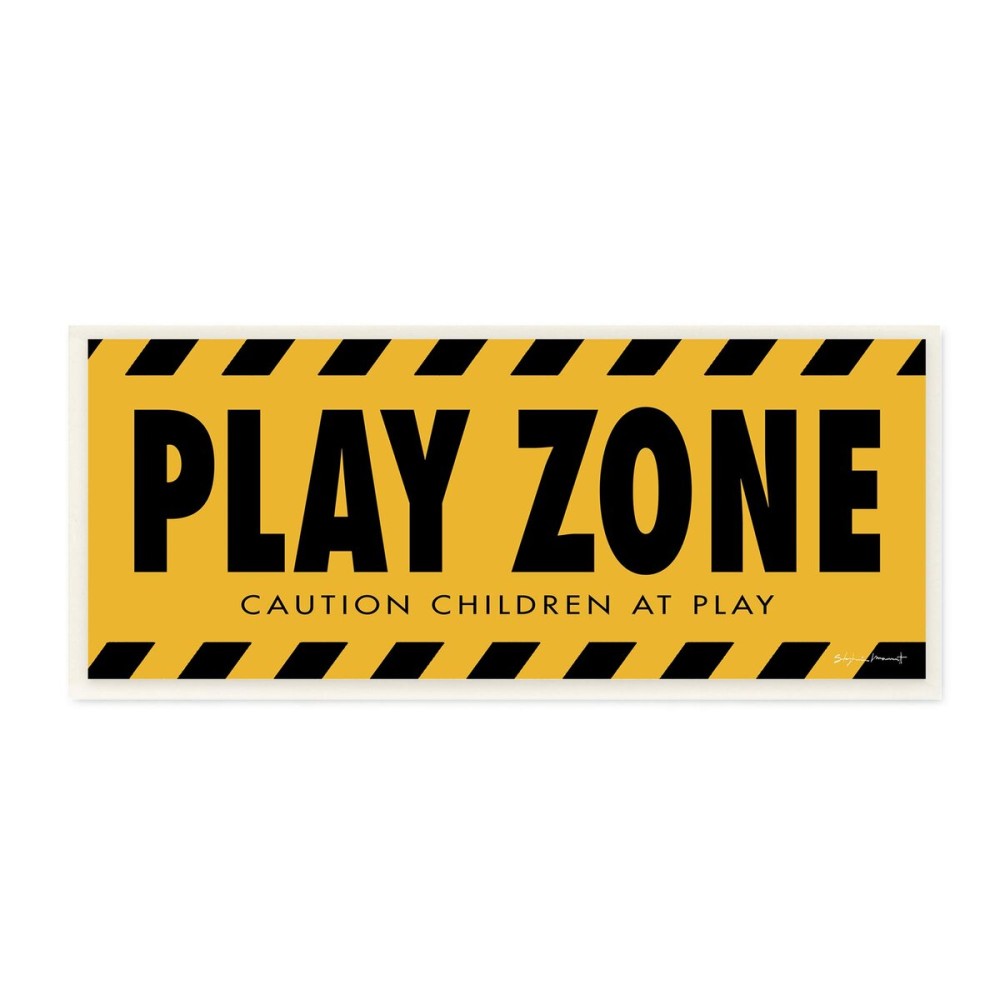 Stupell Industries Play Zone Caution Children Construction Sign Yellow Black, Designed by Stephanie Workman Marrott Wall Plaque, 7 x 17