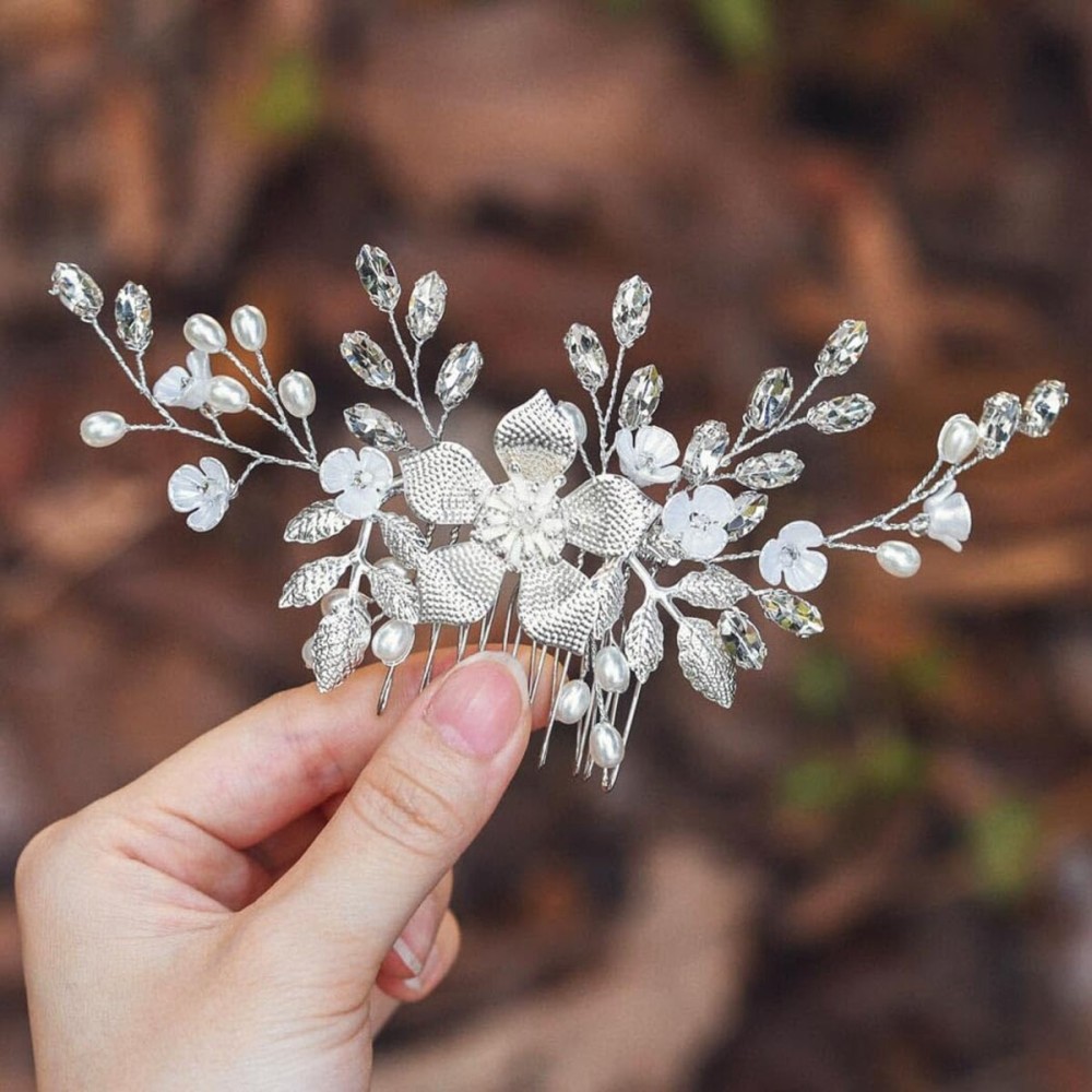 Evild Flower Bride Wedding Hair Comb Silver Leaf Hair Piece Pearls Rhinestone Bridal Hair Accessories for Women