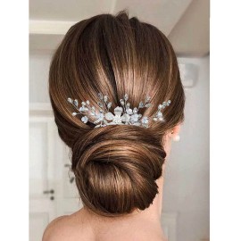 Evild Flower Bride Wedding Hair Comb Silver Leaf Hair Piece Pearls Rhinestone Bridal Hair Accessories for Women