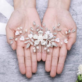 Evild Flower Bride Wedding Hair Comb Silver Leaf Hair Piece Pearls Rhinestone Bridal Hair Accessories for Women