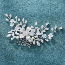 Evild Flower Bride Wedding Hair Comb Silver Leaf Hair Piece Pearls Rhinestone Bridal Hair Accessories for Women