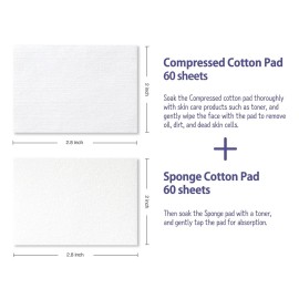 Beejong [120EA] Premium 2 in 1 Facial Cleansing Square Cotton Pads - Two Types of Face Wipes Cotton Pads for Toner, Makeup Remover | Compressed 60EA & Sponge 60EA | Made in Korea (1 Pack)