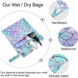visesunny Beautiful Rainbow Mermaid Scale 2Pcs Wet Bag with Zippered Pockets Washable Reusable Roomy for Travel,Beach,Pool,Daycare,Stroller,Diapers,Dirty Gym Clothes, Wet Swimsuits, Toiletries