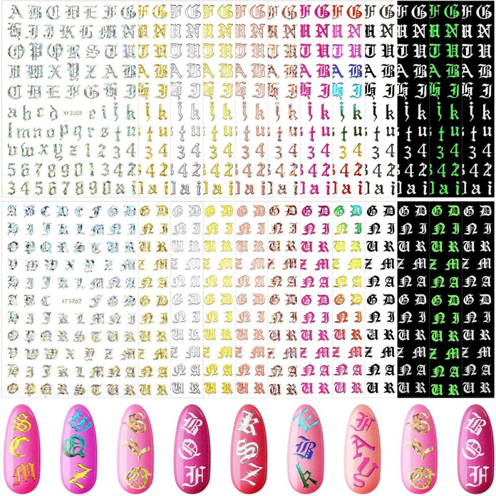 Maitys 24 Sheets Letters for Nails Old English Nail Stickers 3D Holographic Letter Self-Adhesive Gold Old English Alphabet Nail Decals for DIY Women(Chic Colors)