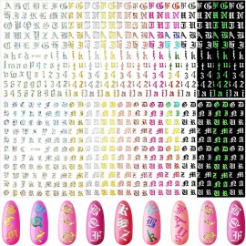 Maitys 24 Sheets Letters for Nails Old English Nail Stickers 3D Holographic Letter Self-Adhesive Gold Old English Alphabet Nail Decals for DIY Women(Chic Colors)