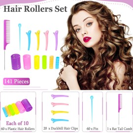 Chuangdi 141 Pcs Hair Rollers Set, Include 60 Pcs Mixed Sizes Plastic Hair Rollers with 60 Pins, 20 Duck Teeth Clips and Rat Tail Comb, Hairdressing Salon Curlers Tools for Women DIY Styles