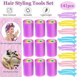Chuangdi 141 Pcs Hair Rollers Set, Include 60 Pcs Mixed Sizes Plastic Hair Rollers with 60 Pins, 20 Duck Teeth Clips and Rat Tail Comb, Hairdressing Salon Curlers Tools for Women DIY Styles