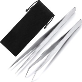 2 Pieces Straight and Curved Tip Tweezers Eyelash Extension Tweezers, Stainless Steel False Lash Application Tools (Silver)