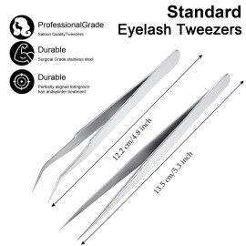 2 Pieces Straight and Curved Tip Tweezers Eyelash Extension Tweezers, Stainless Steel False Lash Application Tools (Silver)