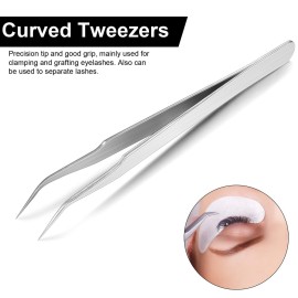 2 Pieces Straight and Curved Tip Tweezers Eyelash Extension Tweezers, Stainless Steel False Lash Application Tools (Silver)