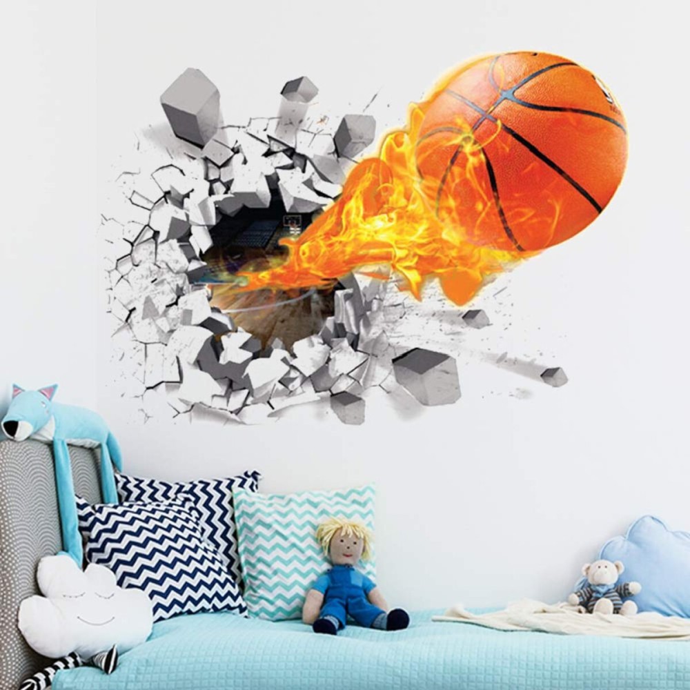 Supzone 3D Basketball Wall Sticker - Self-Adhesive Breakthrough Fireball Decor, Vinyl Removable Flying Basketball Art for Kids Bedroom Playroom Mural