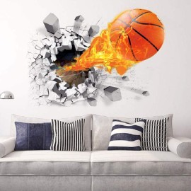 Supzone 3D Basketball Wall Sticker - Self-Adhesive Breakthrough Fireball Decor, Vinyl Removable Flying Basketball Art for Kids Bedroom Playroom Mural