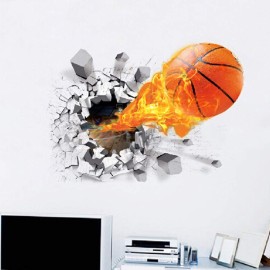 Supzone 3D Basketball Wall Sticker - Self-Adhesive Breakthrough Fireball Decor, Vinyl Removable Flying Basketball Art for Kids Bedroom Playroom Mural