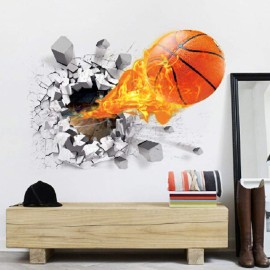 Supzone 3D Basketball Wall Sticker - Self-Adhesive Breakthrough Fireball Decor, Vinyl Removable Flying Basketball Art for Kids Bedroom Playroom Mural