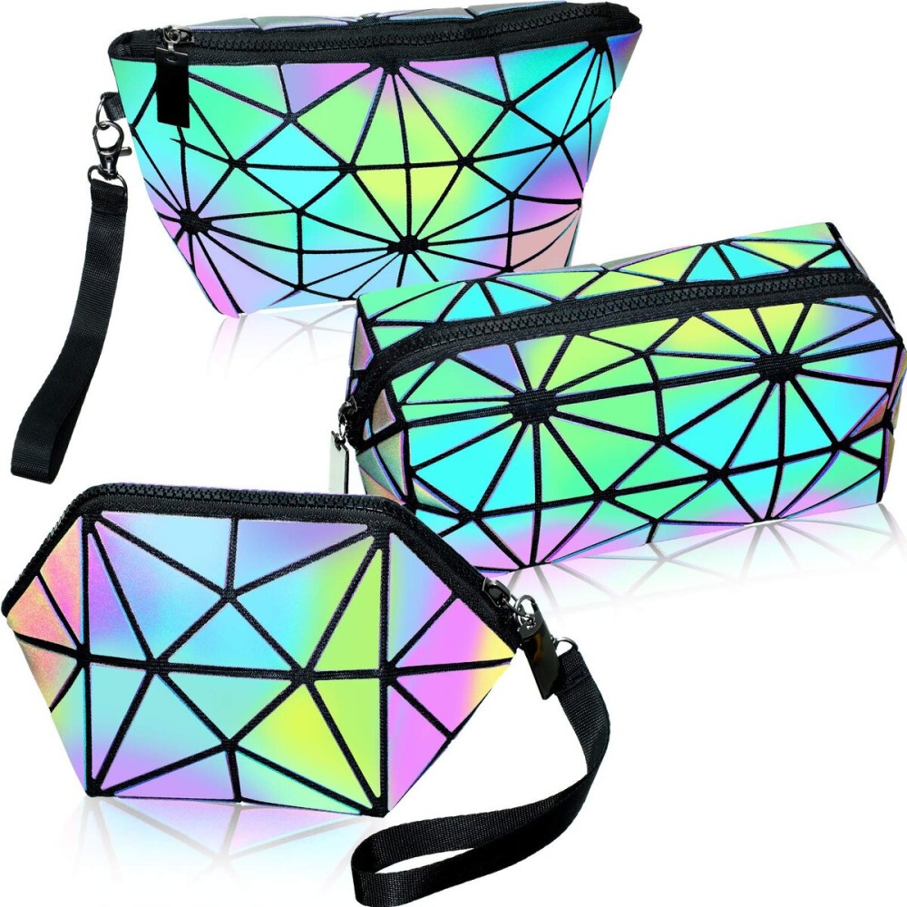 Weewooday 3 Pieces Makeup Bags for Women, Portable Travel Cosmetic Bag Organizer Case with Wrist Strap Toiletry Bags Holographic Luminous Geometric and Reflective Foldable Makeup Bags Weewooday 3 Pieces Makeup Bags for Women, Portable Travel Cosmetic Bag Organizer Case with Wrist Strap Toiletry Bags Holographic Luminous Geometric and Reflective Foldable Makeup Bags